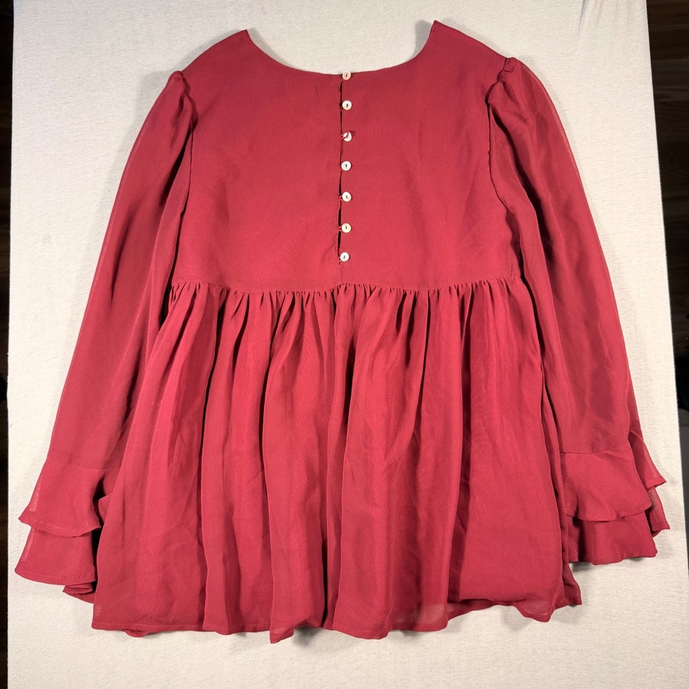 Altar'd State red Boho Floral Embroidered Babydoll Blouse Ruffle Sleeve Medium - Picture 2 of 4